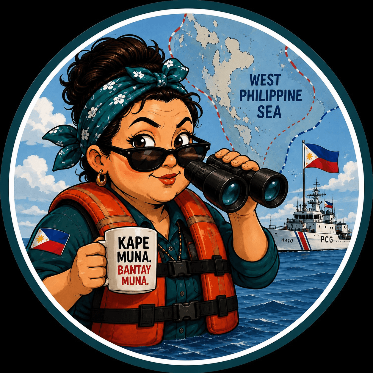 Aling Salbabida holding binoculars and coffee, Bantay ng West Philippine Sea